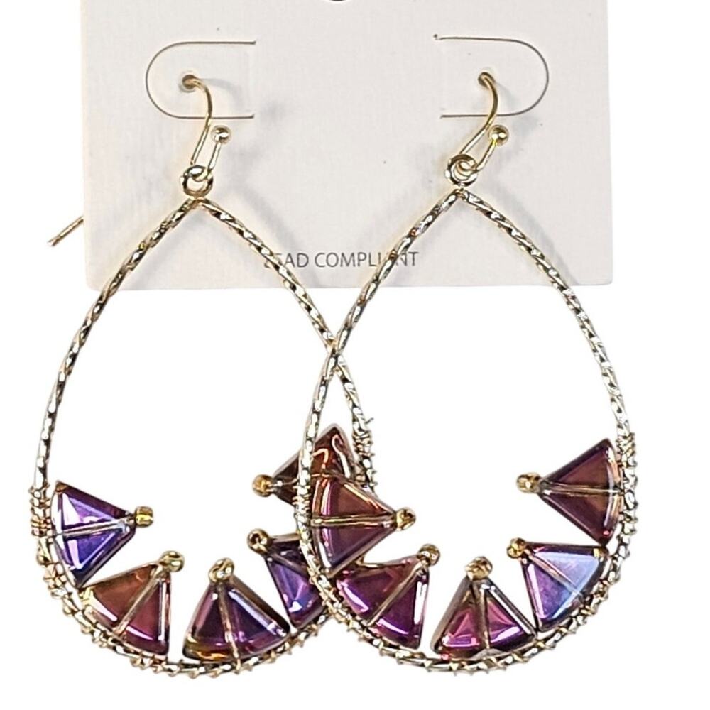 Colorful Glass Triangle Drop Earrings Gold Teardrop Wire Hook Statement Boho 2"